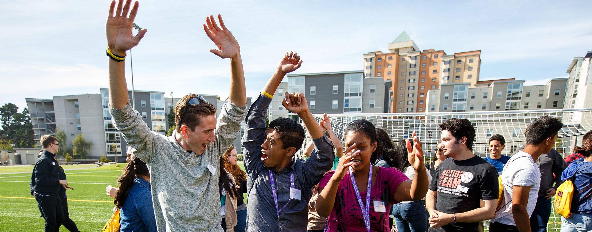 San Francisco State students celebrating at soccer field